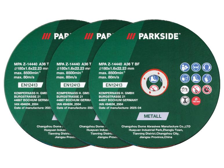 Trois disques à tronçonner Parkside pour métal, 180 mm, avec instructions de sécurité.