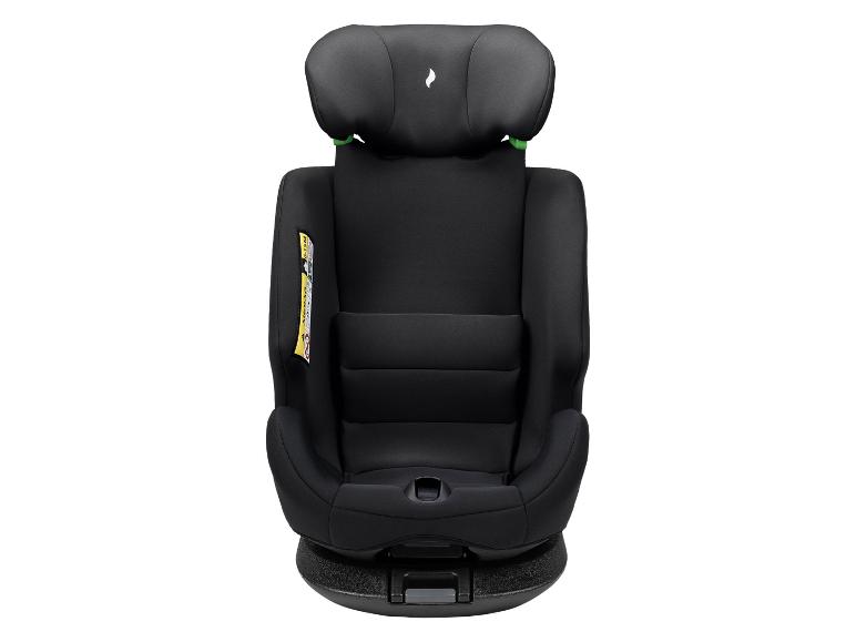 Siège auto noir pour enfant avec appui-tête réglable et étiquette d'airbag latérale.