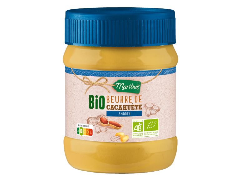 Pot de beurre de cacahuète bio crémeux avec Nutri-Score A et logo bio UE.