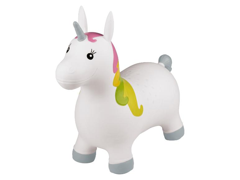 Licorne gonflable blanche avec crinière rose, jaune et verte, et corne grise