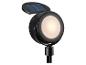 Spot solaire LED noir à lumière chaude, idéal pour l'extérieur.