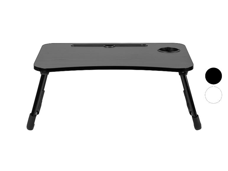 Table de lit pliable noire avec porte-gobelet et fente pour appareil.
