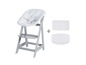Une chaise haute grise avec un siège rembourré blanc et des matelas assortis.