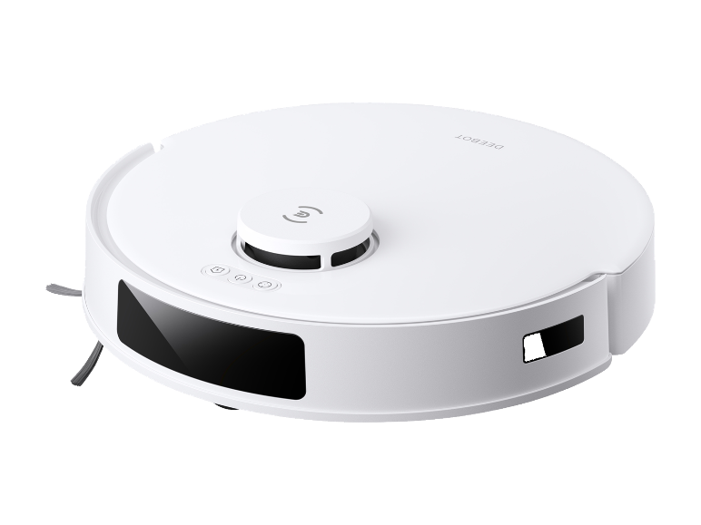 Robot aspirateur DeeBot blanc intelligent.