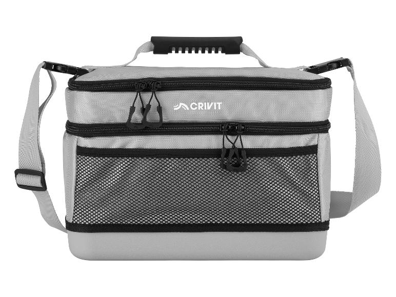 Sac isotherme gris avec deux compartiments, fermetures éclair et poche en filet.