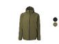 Veste imperméable verte à capuche et fermetures éclair noires, avec deux options de couleur.