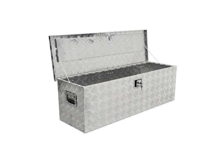 Boîte en aluminium à motif diamant, ouverte.