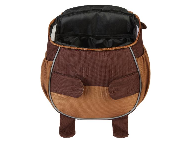 Sac à dos marron et beige pour enfant, ouvert.