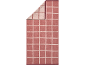 Tapis de bain rose à motif quadrillé blanc, plié dans le coin supérieur gauche.