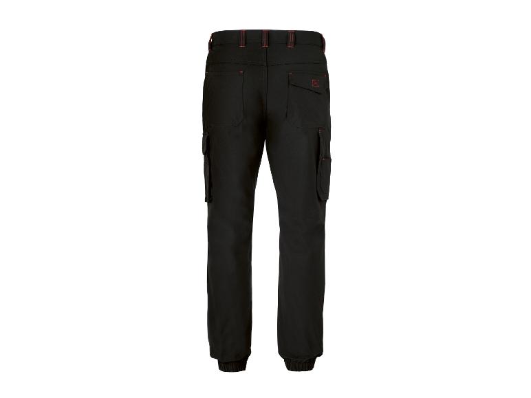 Pantalon de travail noir pour homme avec poches et surpiqûres rouges, vue arrière.