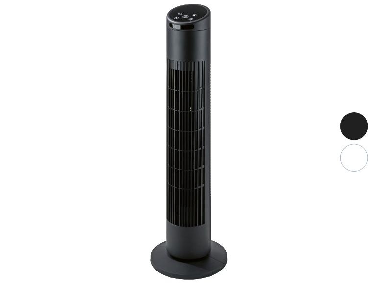 Ventilateur tour noir avec boutons de commande sur le dessus.