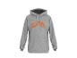 Sweat à capuche gris avec un logo orange sur le devant.