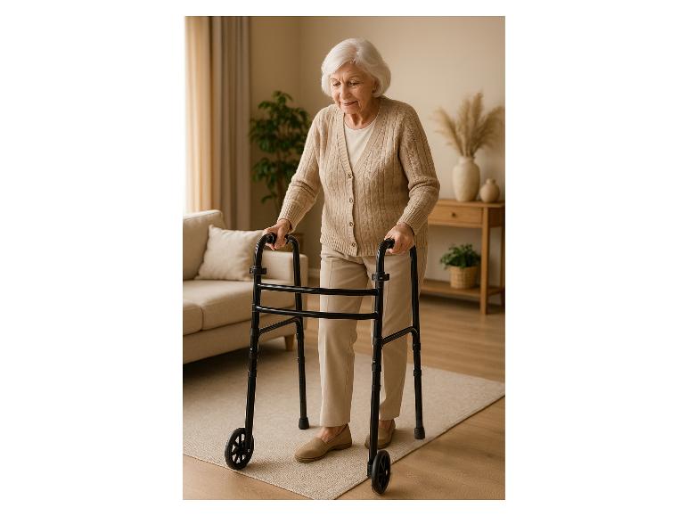Femme âgée utilisant un déambulateur dans le salon.