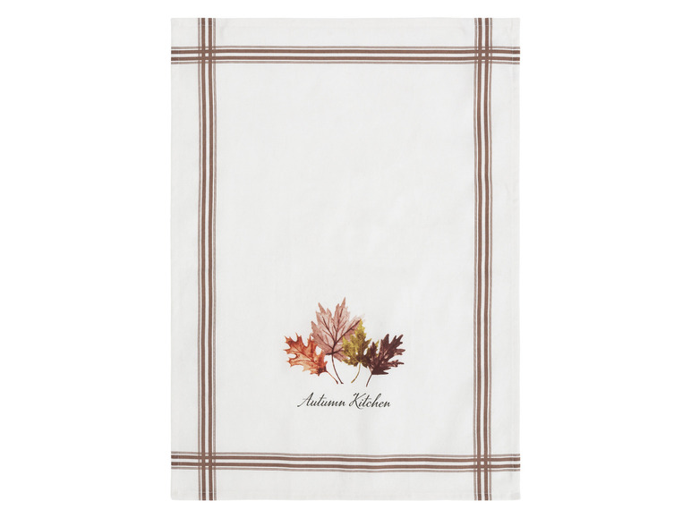 Serviette de cuisine avec des feuilles d'automne et le texte 'Autumn Kitchen'.
