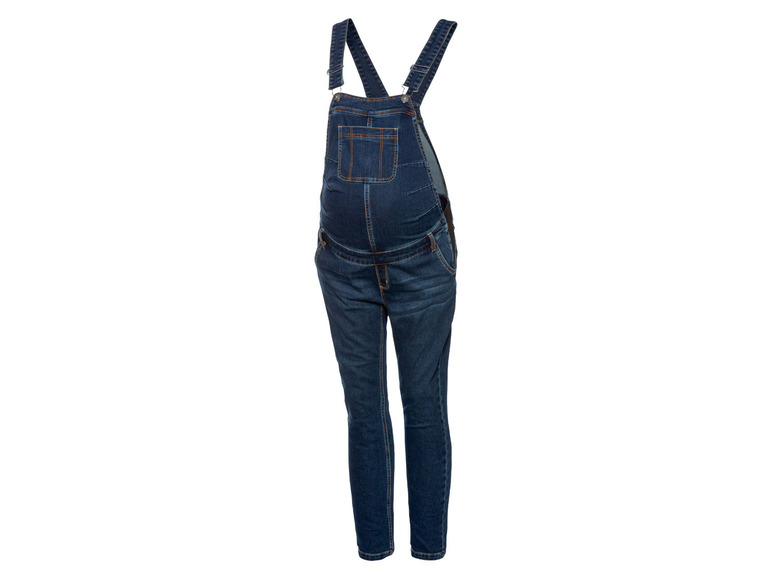 Une salopette en jean bleu pour femmes enceintes.