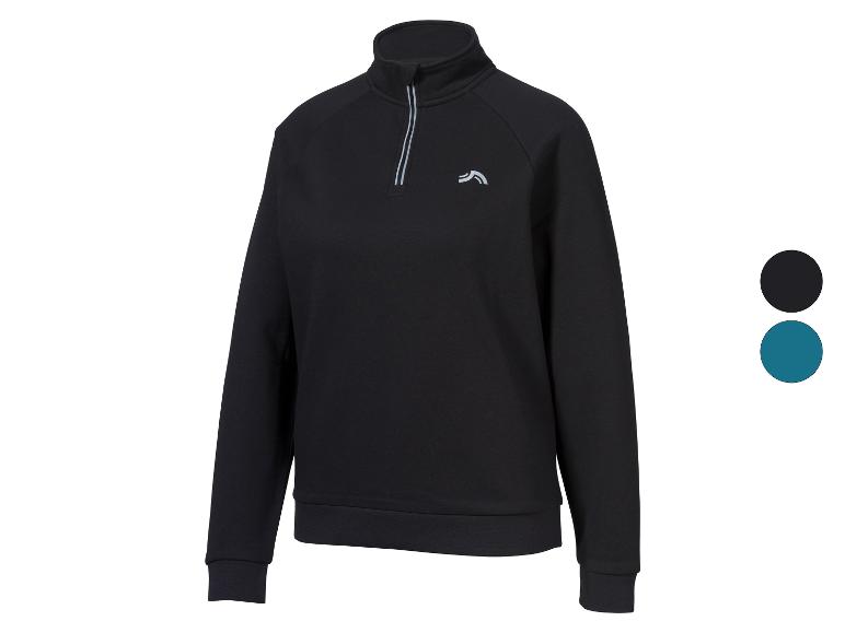 Un sweat-shirt noir avec une fermeture éclair courte et un logo gris sur la poitrine, avec les options de couleur affichées.