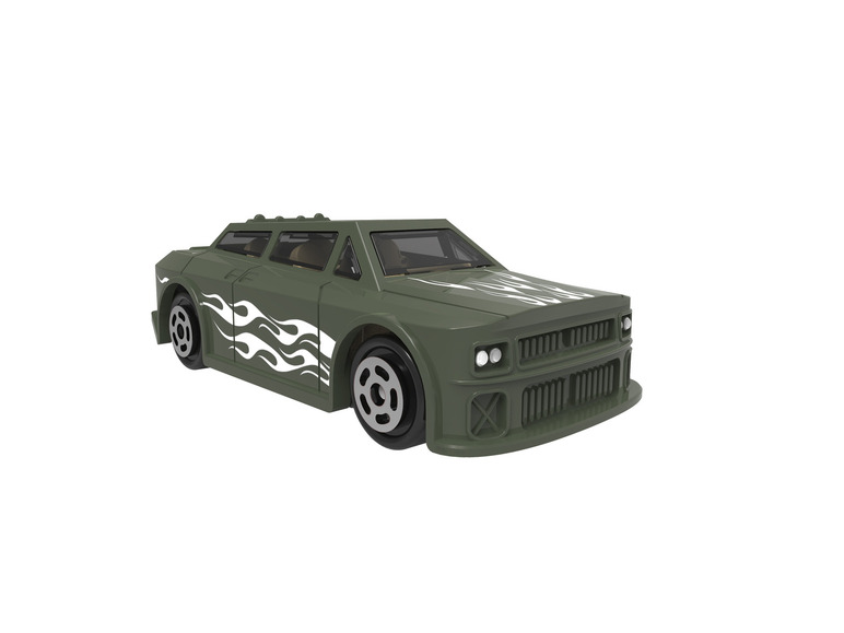 Une voiture jouet verte avec un design de flammes.