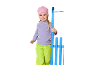 Fille avec bonnet rose, haut violet et pantalon vert, debout à côté d'une clôture bleue.