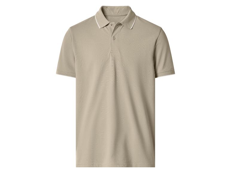 Polo beige avec col et poignets blancs, à deux boutons.