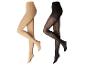 Deux paires de collants, un beige uni et un noir à motif losanges.