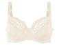 Soutien-gorge beige en dentelle et tissu lisse.