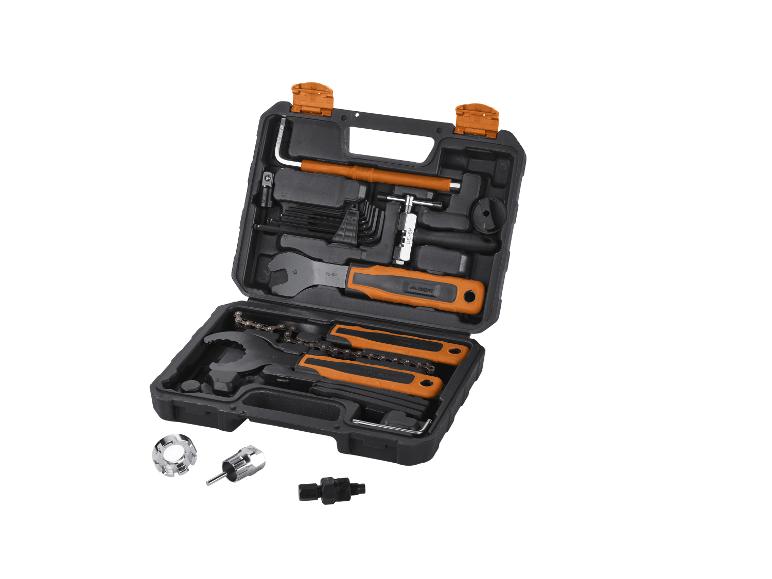 Kit d'outils de réparation de vélo Crivit dans une mallette noire et orange.