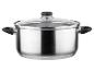 Une casserole en acier inoxydable avec un couvercle en verre.