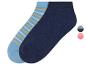 Deux paires de chaussettes : une bleu foncé et une avec des rayures bleues et jaunes.