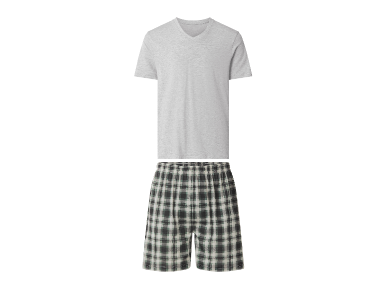 Pyjama homme : t-shirt gris à col en V et short à carreaux.