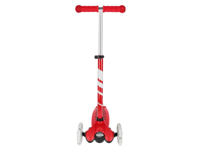 Trottinette rouge à trois roues Lupilu avec guidon réglable et rayures blanches.