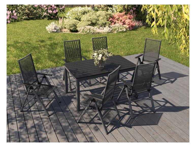 Ensemble table et chaises de jardin en métal gris ; style moderne.