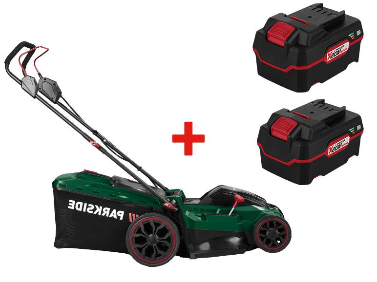 Tondeuse à gazon Parkside avec deux batteries.