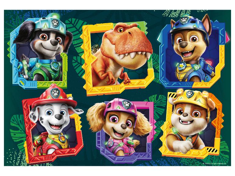 Six chiots de dessin animé en tenues de dinosaures et un dinosaure orange dans des cadres colorés.