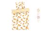 Parure de lit orange et rayures, motifs fruités.