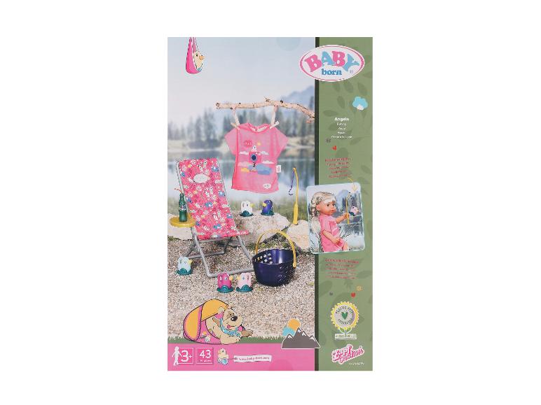 BABY born ensemble de pêche avec t-shirt rose, chaise longue et accessoires de pêche.