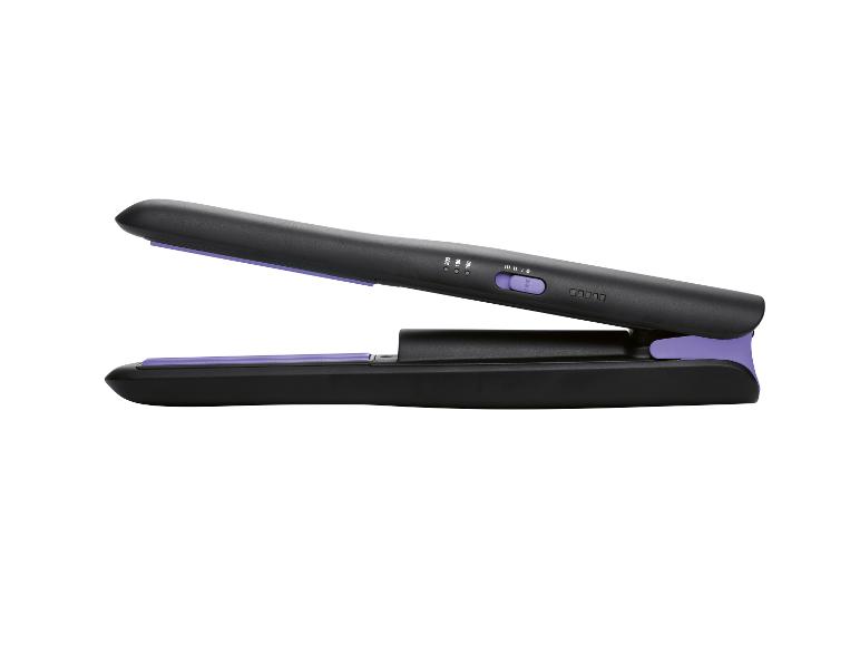 Lisseur et boucleur cheveux, design noir et violet.