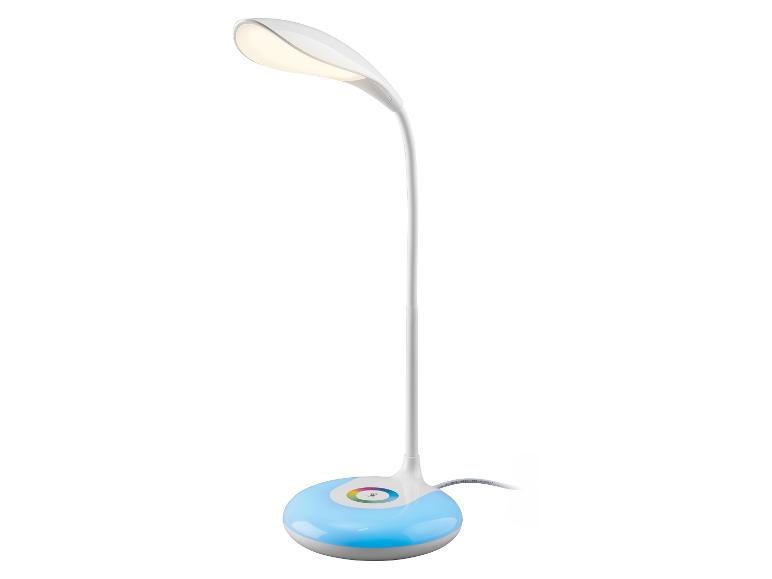 Lampe de table LED blanche avec base lumineuse colorée et bras flexible.