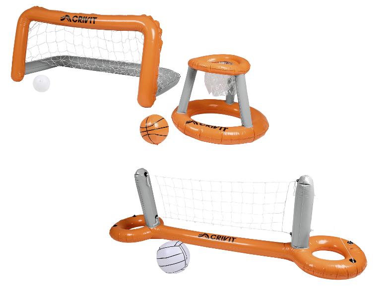 Ensemble gonflable de but de football, panier de basket et filet de volley pour piscine.