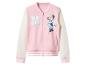 Blouson aviateur rose et blanc zippé, avec un 'M' et un dessin de Minnie Mouse.
