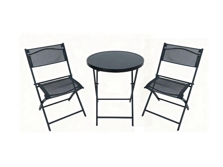 Ensemble de bistrot noir avec deux chaises pliantes et une table ronde.
