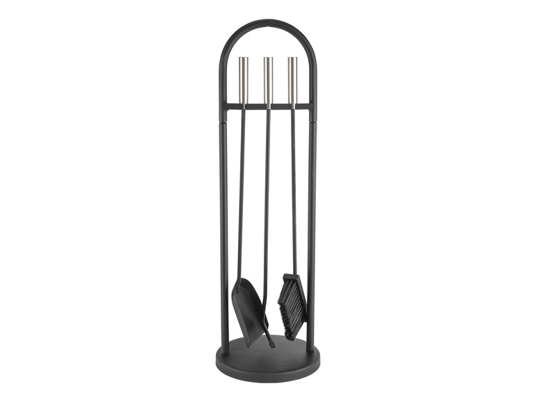 Un set d'accessoires de cheminée noir avec une pelle, un balai et un tisonnier.