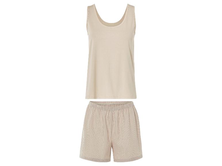 Ensemble pyjama beige : débardeur et shorts rayés.