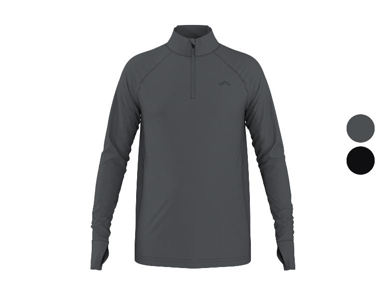 T-shirt de sport gris foncé à manches longues pour homme avec col zippé, et échantillons de couleur.
