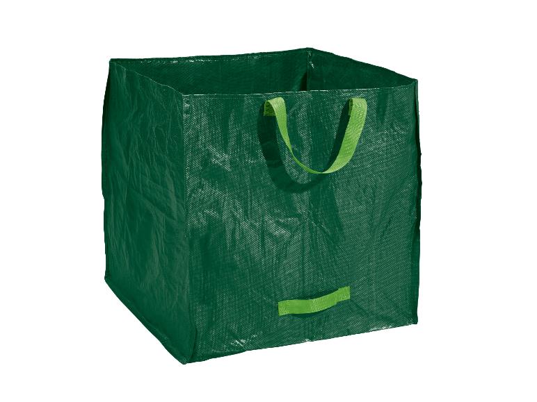 Un sac poubelle vert avec des poignées vertes.