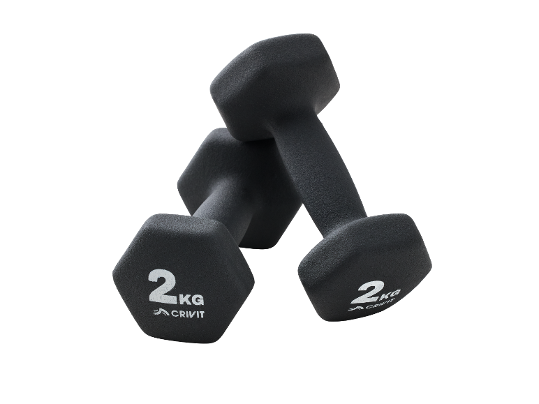 Deux haltères noires Crivit de 2 kg.