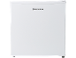 Mini-réfrigérateur blanc compact avec logo sur le côté supérieur.