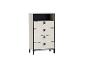 Commode étroite avec quatre tiroirs et un compartiment ouvert, design beige et noir.