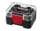 Boîte noire avec couvercle transparent, montrant des disques de ponçage noirs et un loquet rouge.