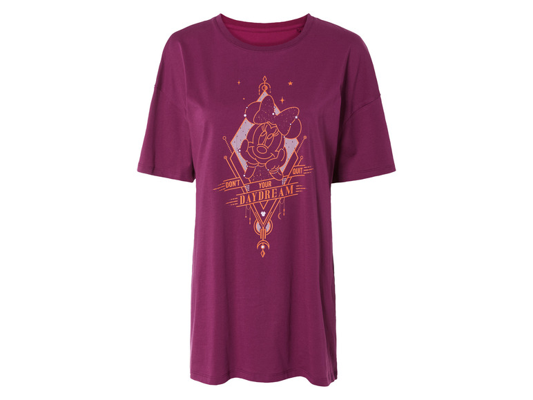 Un t-shirt violet avec un imprimé Minnie Mouse.