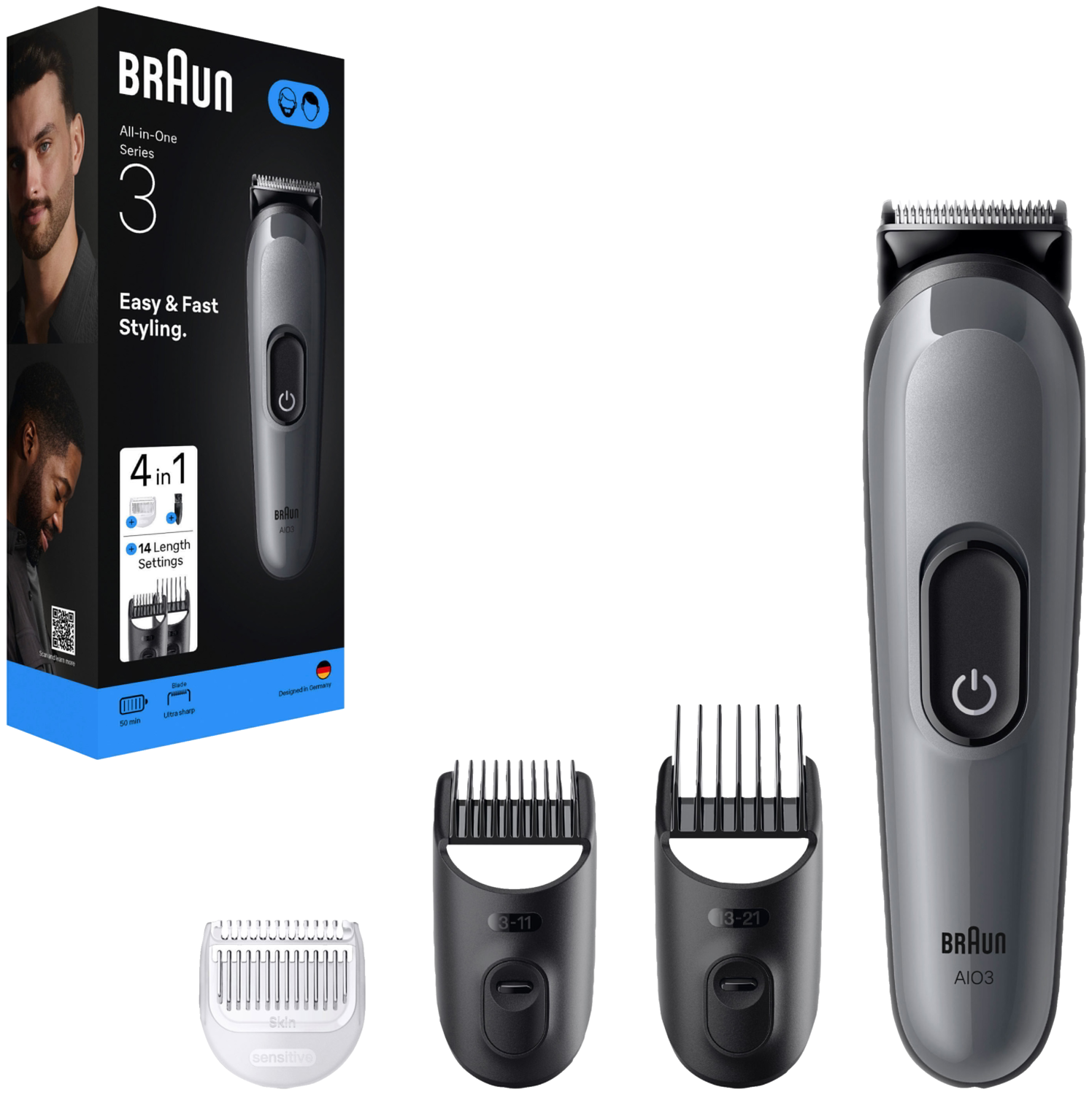 BRAUN Ensemble de rasage tout-en-un Série 3, 4-en-1 «AIO3500» lame ultra-tranchante.